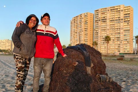 Carolina und Roberto in Chile neben einem Berg Algen