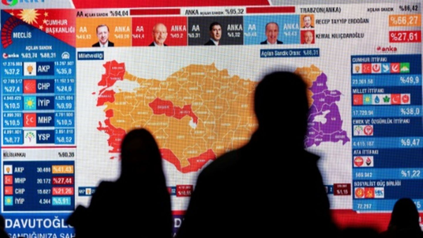 A screen showing election results in Istanbul on Sunday evening