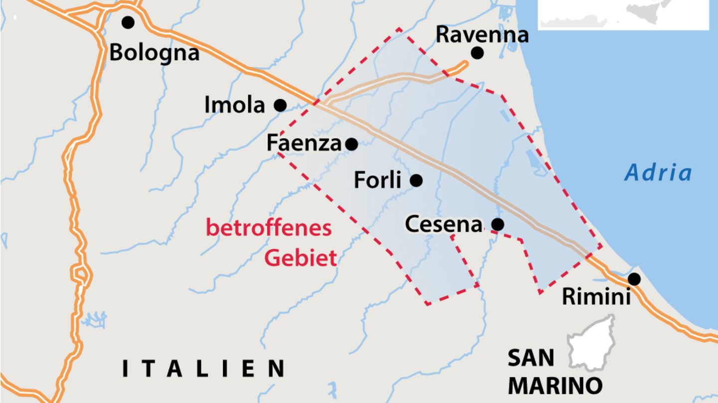 Diese Karte zeigt das Überschwemmungsgebiet in Italien
