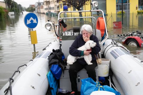 Eine Frau und ihr Hund wurden nach den Überschwemmungen von der Feuerwehr gerettet. Aktuell gibt es in der Gegend wieder sintflutartiger Regenfälle