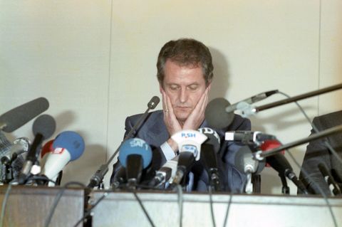 Uwe Barschel auf am 18. September 1987 auf einer Pressekonferenz in Kiel