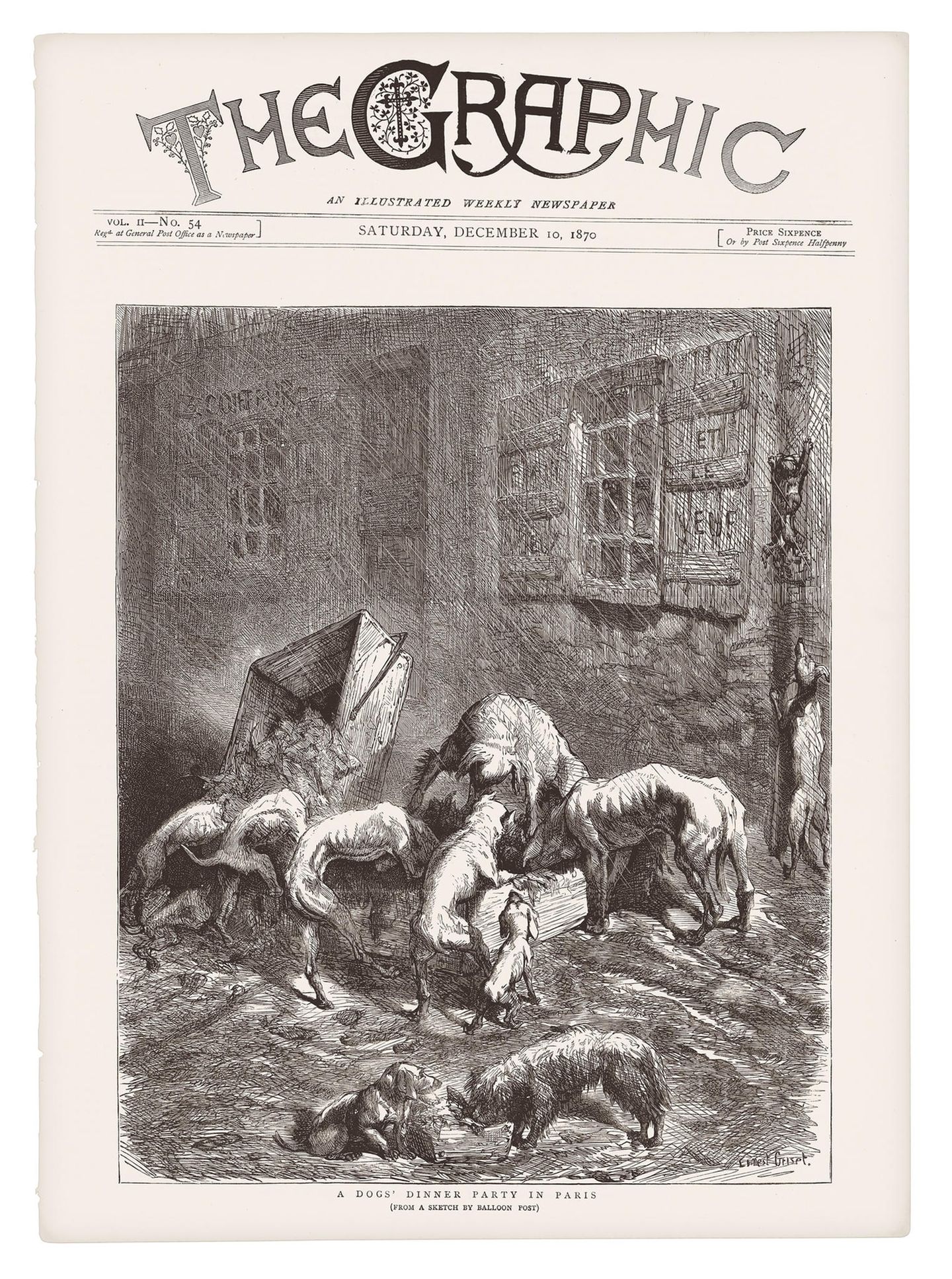 "History of Press Graphics": Der Krieg, der im Juli 1870 zwischen Frankreich und Preußen ausgebrochen war, bot dem britischen illustrierten Wochenmagazin "Graphic" die Gelegenheit, sich gegenüber dem damals marktführenden Magazin "Illustrated London News" als ernst zu nehmender Konkurrent zu behaupten. Die Abbildung der verhungernden Hunde gibt die Misere in der von Truppen des deutschen Bundes eingekesselten französischen Hauptstadt wieder. Die Grafik trägt den Titel "Eine Dinnerparty für Hunde in Paris". Ihr Schöpfer, Arthur Boyd Houghton, gehörte zu den Illustratoren, die ihren Graveuren präzise Vorlagen lieferten, indem sie mit Bleistift, Feder, Lavur und Deckweiß direkt auf die Blöcke zeichneten. Der Krieg, der im Juli 1870 zwischen Frankreich und Preußen ausgebrochen war, bot dem britischen illustrierten Wochenmagazin "Graphic" die Gelegenheit, sich gegenüber dem damals marktführenden Magazin "Illustrated London News" als ernst zu nehmender Konkurrent zu behaupten. Die Abbildung der verhungernden Hunde gibt die Misere in der von Truppen des deutschen Bundes eingekesselten französischen Hauptstadt wieder. Die Grafik trägt den Titel "Eine Dinnerparty für Hunde in Paris". Ihr Schöpfer, Arthur Boyd Houghton, gehörte zu den Illustratoren, die ihren Graveuren präzise Vorlagen lieferten, indem sie mit Bleistift, Feder, Lavur und Deckweiß direkt auf die Blöcke zeichneten.