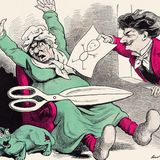 In der Mitte der 1860er-Jahre entstand eine zweite Karikatur-Welle in Frankreich. Sie richtete sich gegen den Retro-Bonapartismus von Napoleon III.  Der Kampf gegen die Zensoren des Zweiten Kaiserreichs begann auf dem Feld der Porträtkarikatur, ein Format, das durch die posterartigen Titelgrafiken des Cartoonisten André Gill an Attraktivität gewonnen hatte. Auf dem Bild ist seine "Madame Anastasie" aus dem Jahr 1878 zu sehen: die Symbolgestalt der ewig wiederauferstehenden Zensur. Sie er- scheint als böse Gouvernante, die sich in ihrer Blindheit selbst über kindische Kritzeleien erschreckt. 