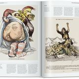 Die Karikatur auf der linken Seite verhöhnt den englischen Monarchen Eduard VII., der 1901 bis zu seinem Tod König des Vereinigten Königreichs gewesen war. Wegen des despektierlichen Porträts wurde ein Straßenverkaufsver­bot verhängt. Jean Vebers anglophobes brachte dennoch bereits vor den beiden Weltkriegen auf eine beispiellose Auflage von 250000 Exemplaren. In den folgenden zwölf Neuauflagen wurde das Gesäß der englischen Symbolfigur Albion mit wechselnden Dessous verdeckt.  Auf der rechten Seite illustriert die Grafik Meldungen über die katastrophalen Haftbedingungen in britischen Internierungslagern, durch die Tausende Frauen und Kinder umkamen. Auch dieses Werk stammt aus dem Jahr 1901. Das Themenheft über den Horror britischer Konzentrationslager wurde in den beiden Weltkriegen von der deutschen Seite als Propagandamaterial eingesetzt.