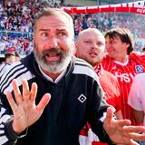 HSV-Trainer Tim Walter, der zuerst mitgejubelt hatte, begreift schließlich (oder erhält die Info), dass das Spiel der Heidenheimer nicht zu Ende ist. Noch also ist der HSV nicht aufgestiegen und Walter versucht Fans und Mannschaft zu beschwichtigen: Wartet ab.