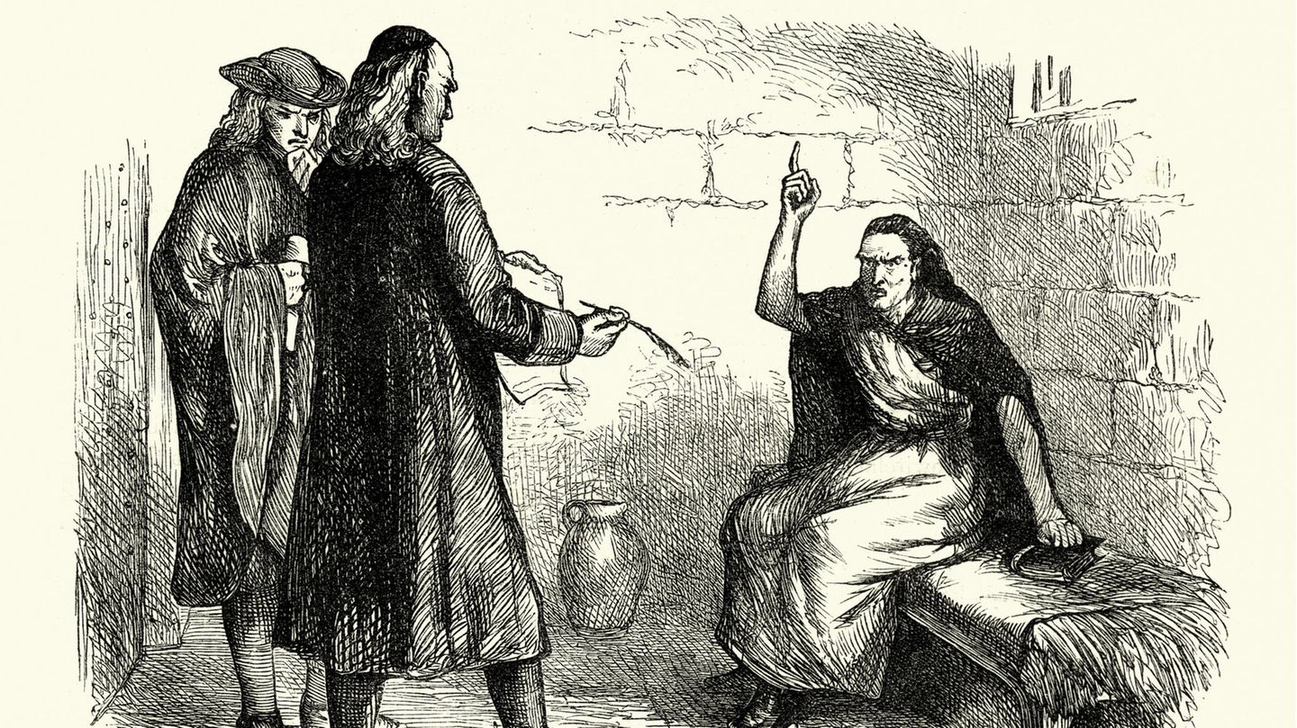 Hexen-Prozesse in den USA: Vintage-Stich von Martha Corey und ihren Verfolgern