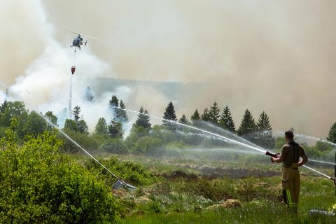 Die Feuerwehr versucht mit einem Hubschrauber einen Moorbrand im deutsch-belgischen Grenzgebiet zu löschen