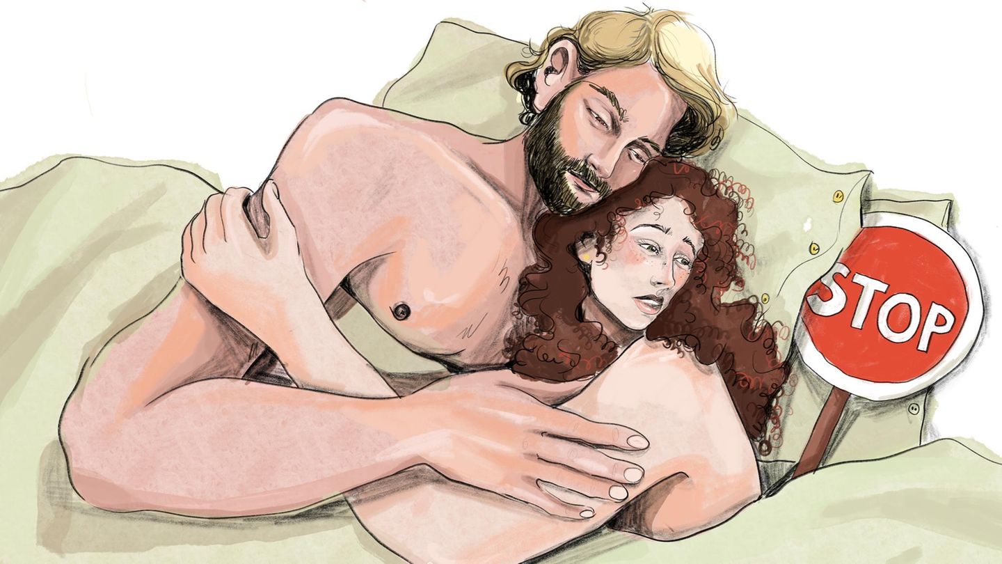 Kolumne Tina Molin Sex über 40 - Lustbremse Eine Illustration zeigt einen Mann und eine Frau im Bett, die beide nachdenklich schauen