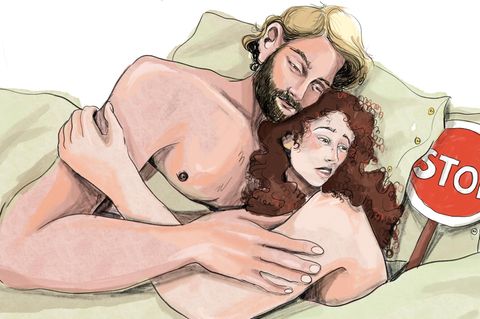 Eine Illustration zeigt einen Mann und eine Frau im Bett, die beide nachdenklich schauen