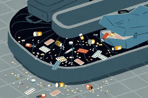 Illustration von einem Gepäckband auf dem neben einem offenen Koffer, Medikamente verstreut sind