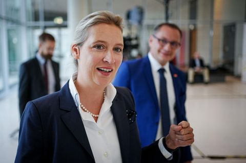Die AfD-Parteivorsitzenden Alice Weidel und Tino Chrupalla gehen einen Gang entlang