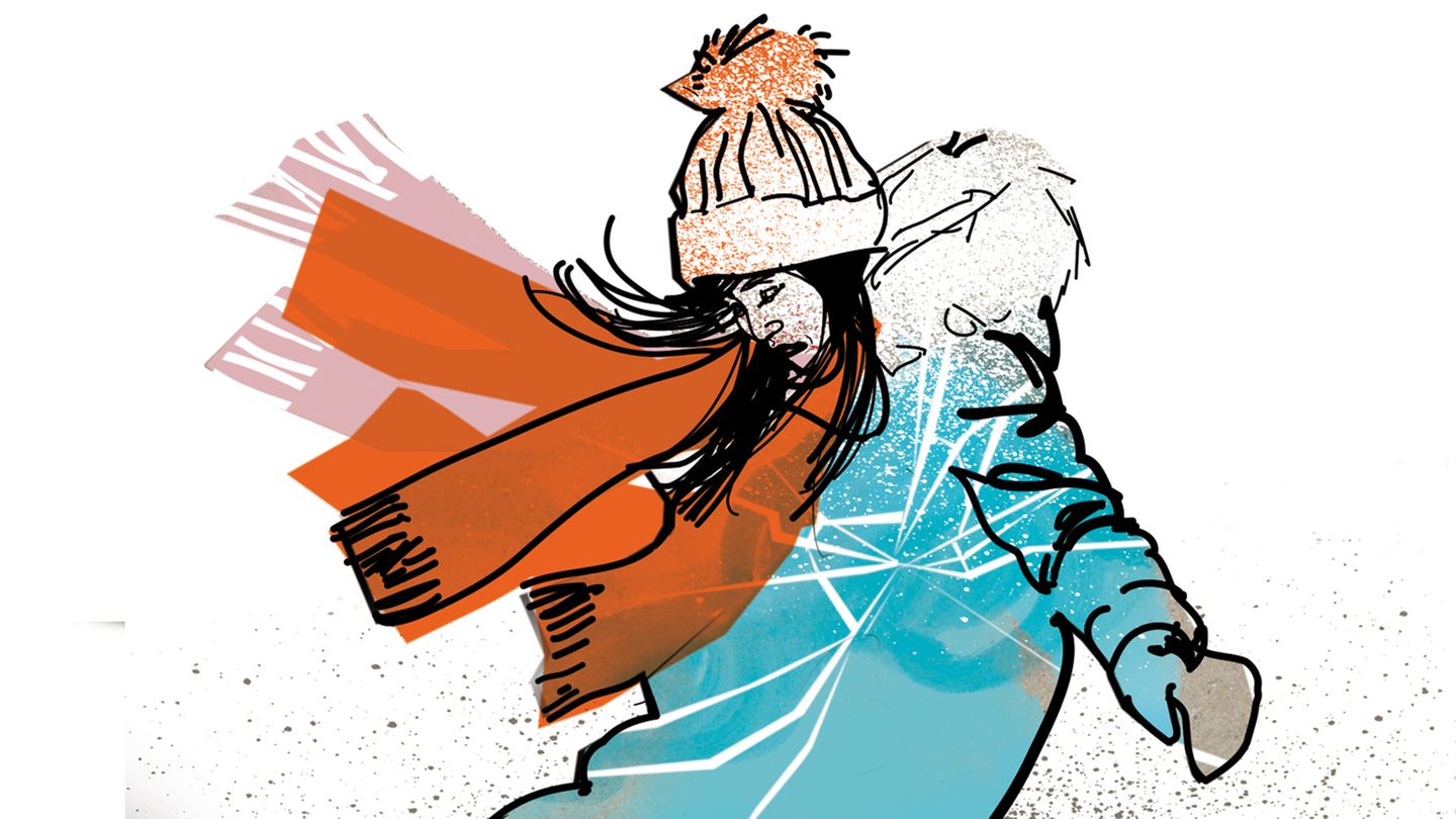 Illustration einer Frau in Winter Klamotten, die nach hinten fällt.