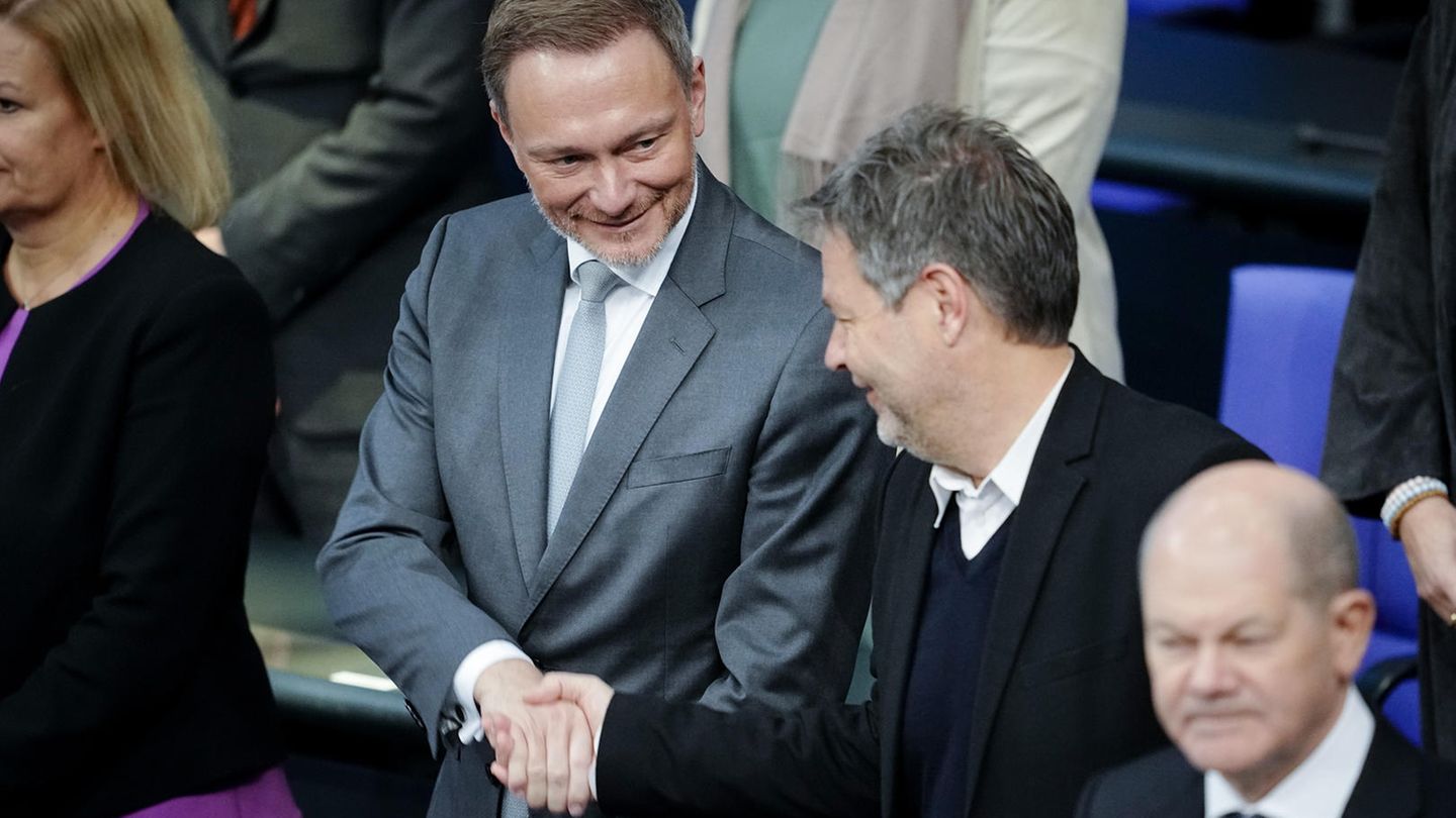 Christian Lindner (FDP) und Robert Habeck (Bündnis 90/Die Grünen) schütteln sich die Hände (Archivbild)