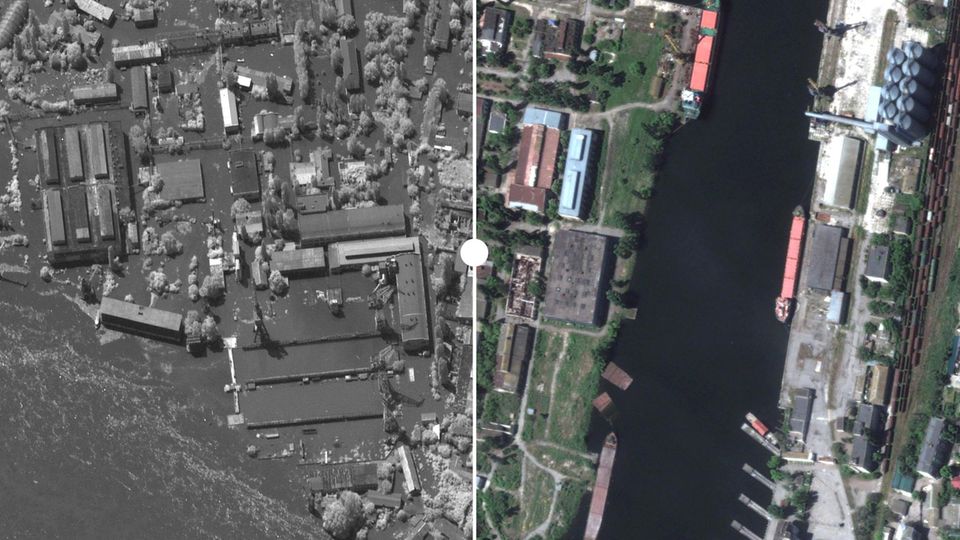 Hafenanlage in der Stadt Nowa Kachowka im Süden der Ukraine nach vor und nach der Überflutung durch den zerstörten Staudamm
