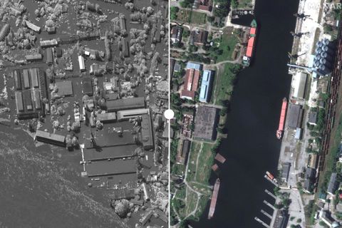 Hafenanlage in der Stadt Nowa Kachowka im Süden der Ukraine vor und nach der Überflutung durch den zerstörten Staudamm