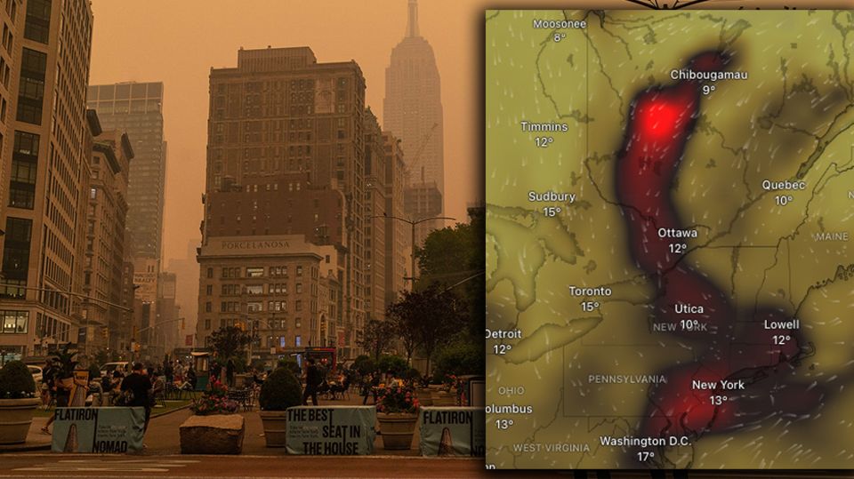 Fotomontage: New York liegt in einem gelblichen Rauch, daneben eine Karte zum Ausmaß der Brände