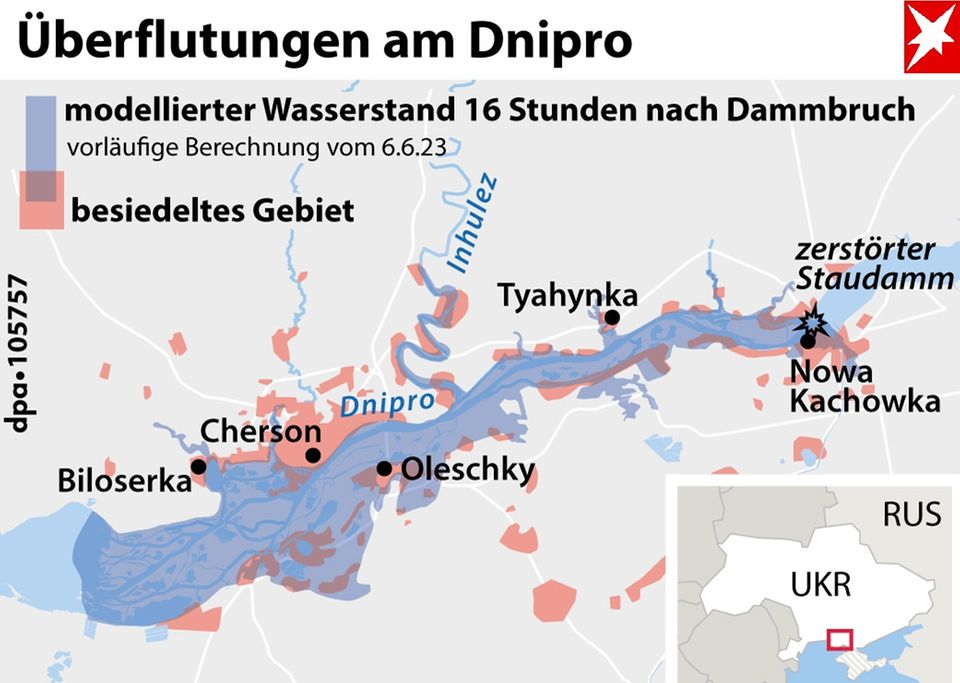 Karte der Region um den Kuchowka-Staudamm Karte der Region um den Kuchowka-Staudamm