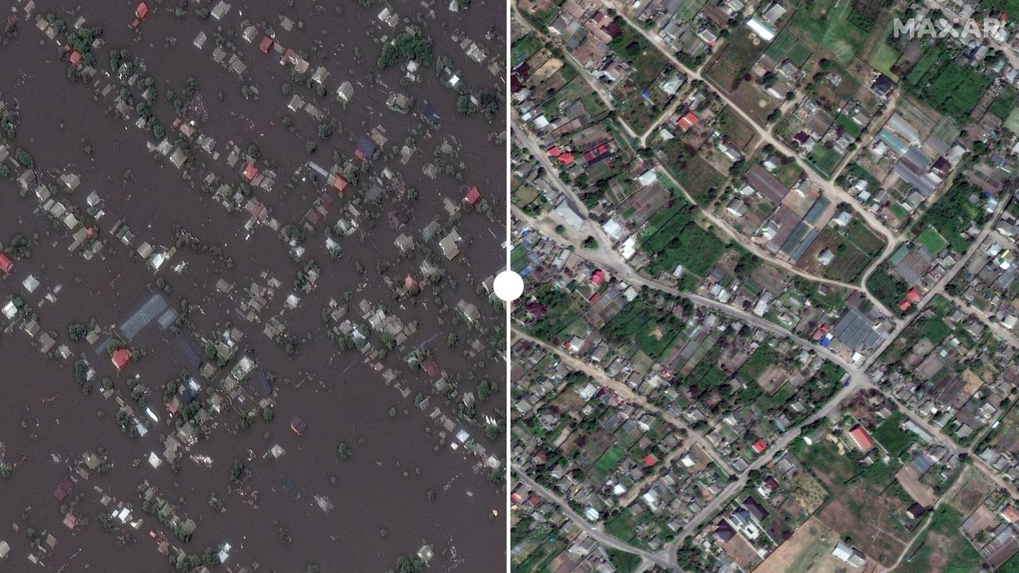 Überschwemmte Stadt Oleschky im Süden der Ukraine vor und nach der Überflutung durch den zerstörten Staudamm