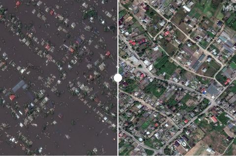 Überschwemmte Stadt Oleschky im Süden der Ukraine vor und nach der Überflutung durch den zerstörten Staudamm