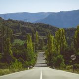 Eine Straße in Frankreich führt bergab durch die grünbewachsenen Pyrenäen