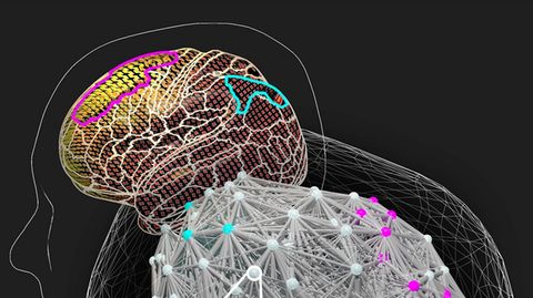 Illustration eines Virtuellen Gehirns. Sogenannte Knoten simulieren Schaltkreise, die bei Denkprozessen verschiedene Aufgaben übernehmen