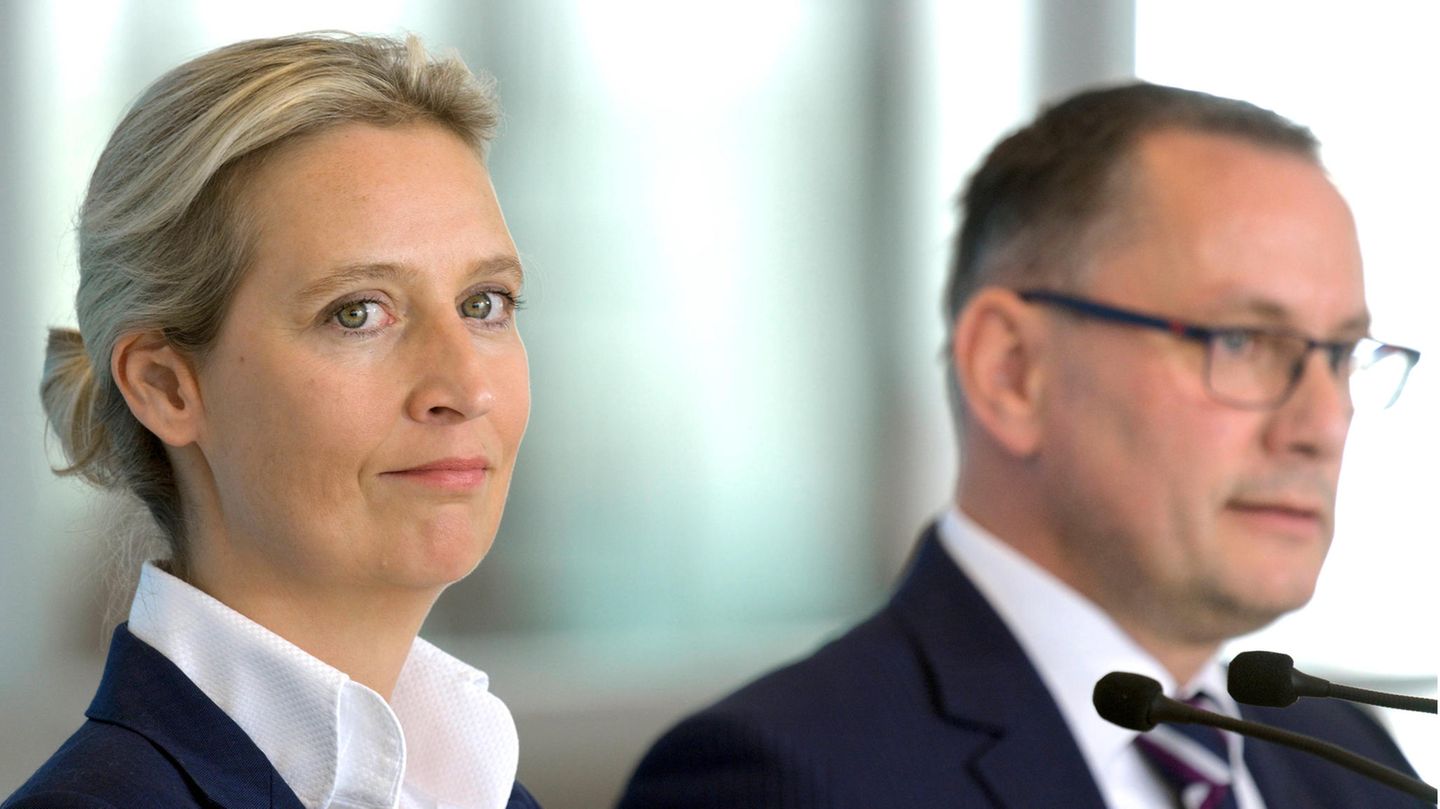 AfD Alice Weidel und Tino Chrupalla von der AfD-Spitze stehen nebeneinander