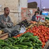 Mann sitzt hinter einem Gemüsestand in Ägypten