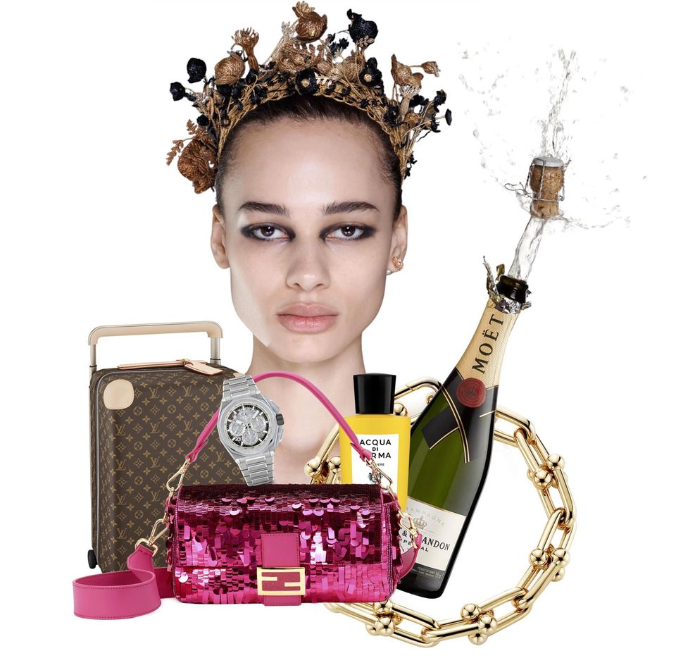 Collage aus Luxusproduktes von Louis Vuitton oder Moêt