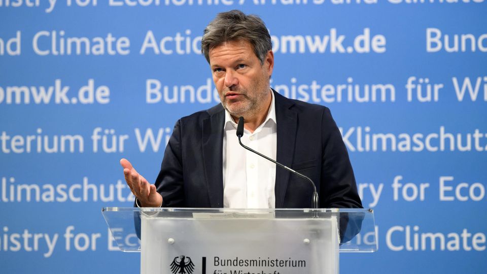 Robert Habeck steht auf dem Fernwärme-Gipfel an einem Rednerpult