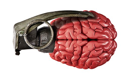 Illustration: menschliches Gehirn mit Handgranaten-Zünder