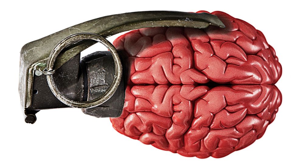 Illustration: menschliches Gehirn mit Handgranaten-Zünder