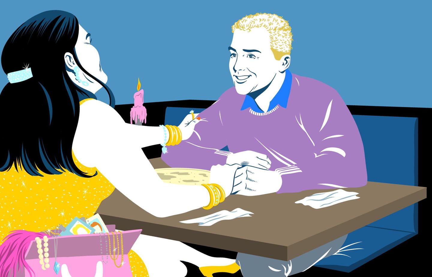 Illustration eines verliebten Paars beim Pizzaessen