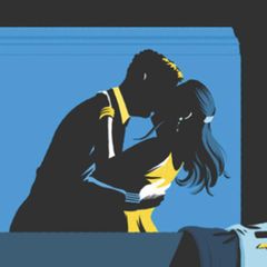 Illustration eines Paars, das sich im Schlafzimmer küsst