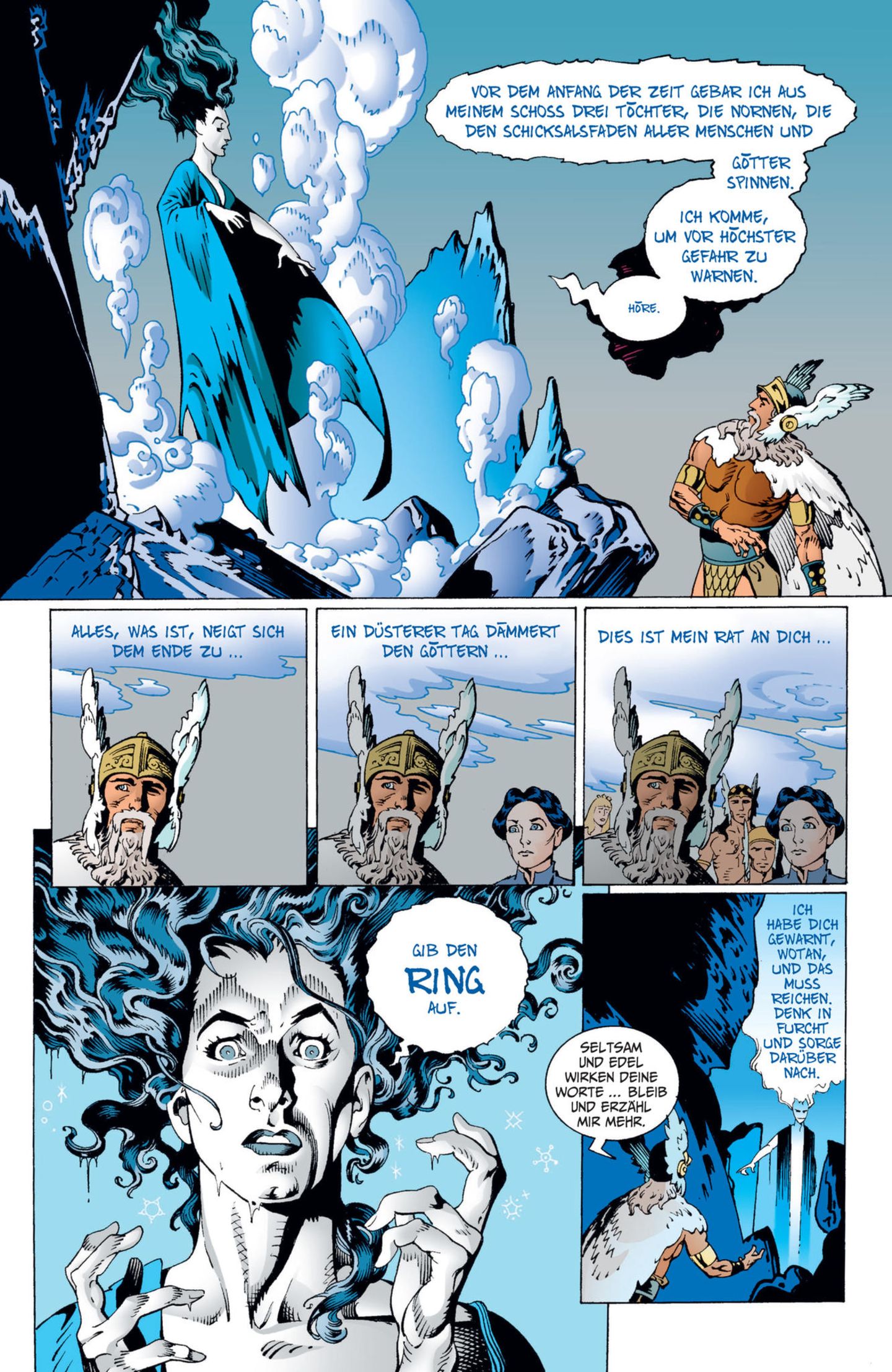 "Der Ring des Nibelungen": "Alles, was ist, neigt sich dem Ende zu. Ein Düsterer Tag dämmert den Göttern", warnt die Erdgöttin Erda - und rät Wotan, den Ring aufzugeben. Doch der sture Gott hört nicht auf sie - weswegen die Geschichte nicht mit dem "Rheingold" endet, sondern noch drei weitere Teile folgen, die Wotans vergebliche Bemühungen zeigen, die Dinge auf seine Weise zu regeln. "Alles, was ist, neigt sich dem Ende zu. Ein Düsterer Tag dämmert den Göttern", warnt die Erdgöttin Erda - und rät Wotan, den Ring aufzugeben. Doch der sture Gott hört nicht auf sie - weswegen die Geschichte nicht mit dem "Rheingold" endet, sondern noch drei weitere Teile folgen, die Wotans vergebliche Bemühungen zeigen, die Dinge auf seine Weise zu regeln.