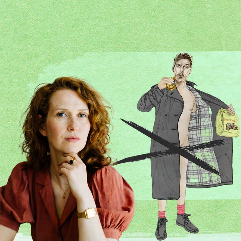 Eine Illustration zeigt einen nackten Mann, der seinen Mantel öffnet – ein Exhibitionist