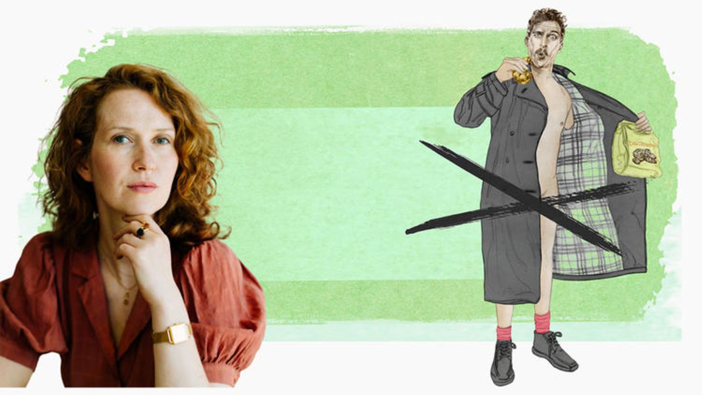 Eine Illustration zeigt einen nackten Mann, der seinen Mantel öffnet – ein Exhibitionist