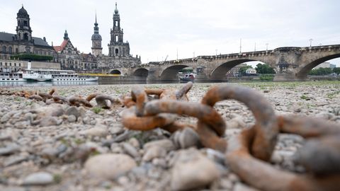 Trockenheit und Dürre: Eine Kette liegt im ausgetrockneten Flussbett am Ufer der Elbe vor der Kulisse der Dresdner Altstadt