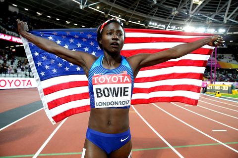 Tori Bowie jubelt über ihren Sieg im 100-Meter-Finale der Frauen