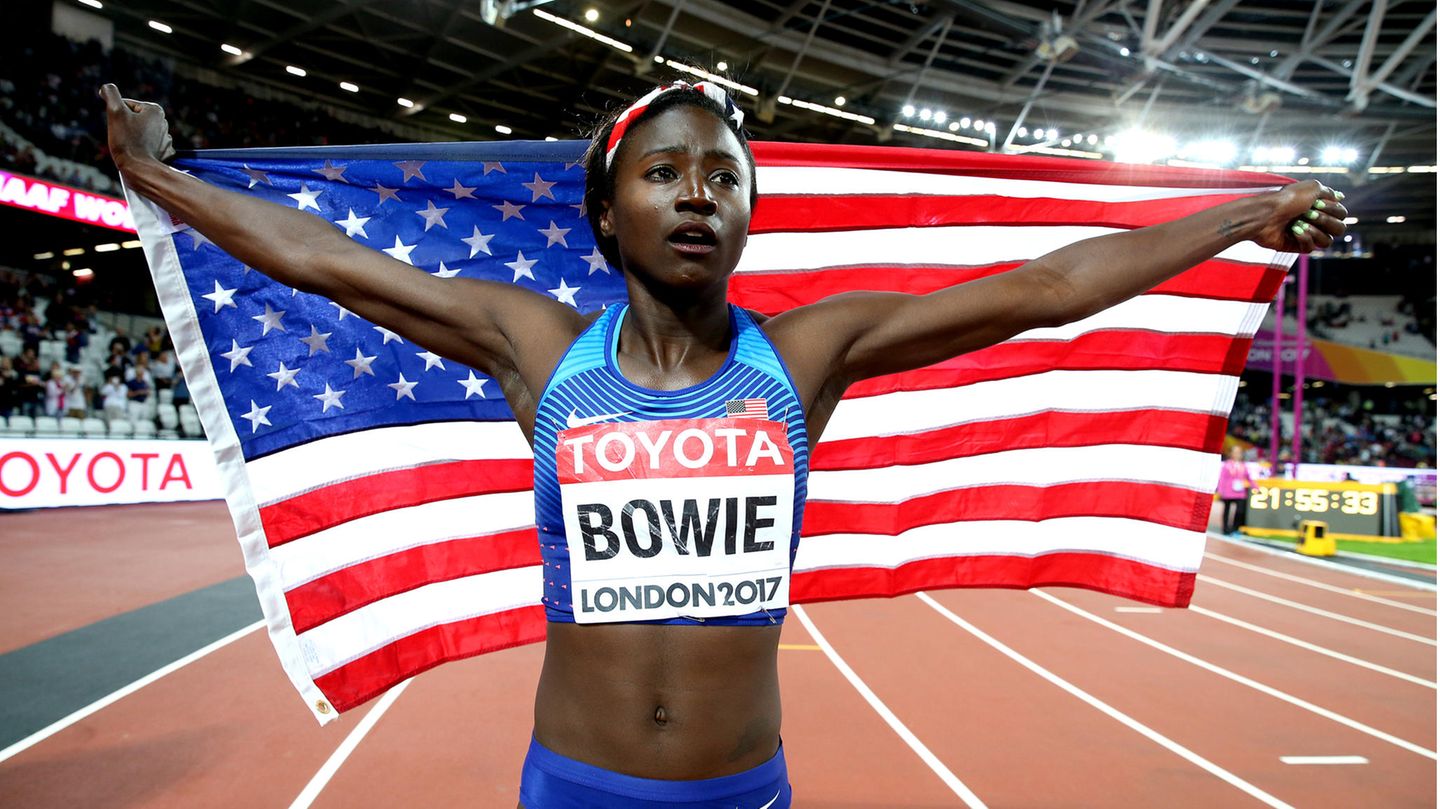 Tori Bowie Tori Bowie jubelt über ihren Sieg im 100-Meter-Finale der Frauen