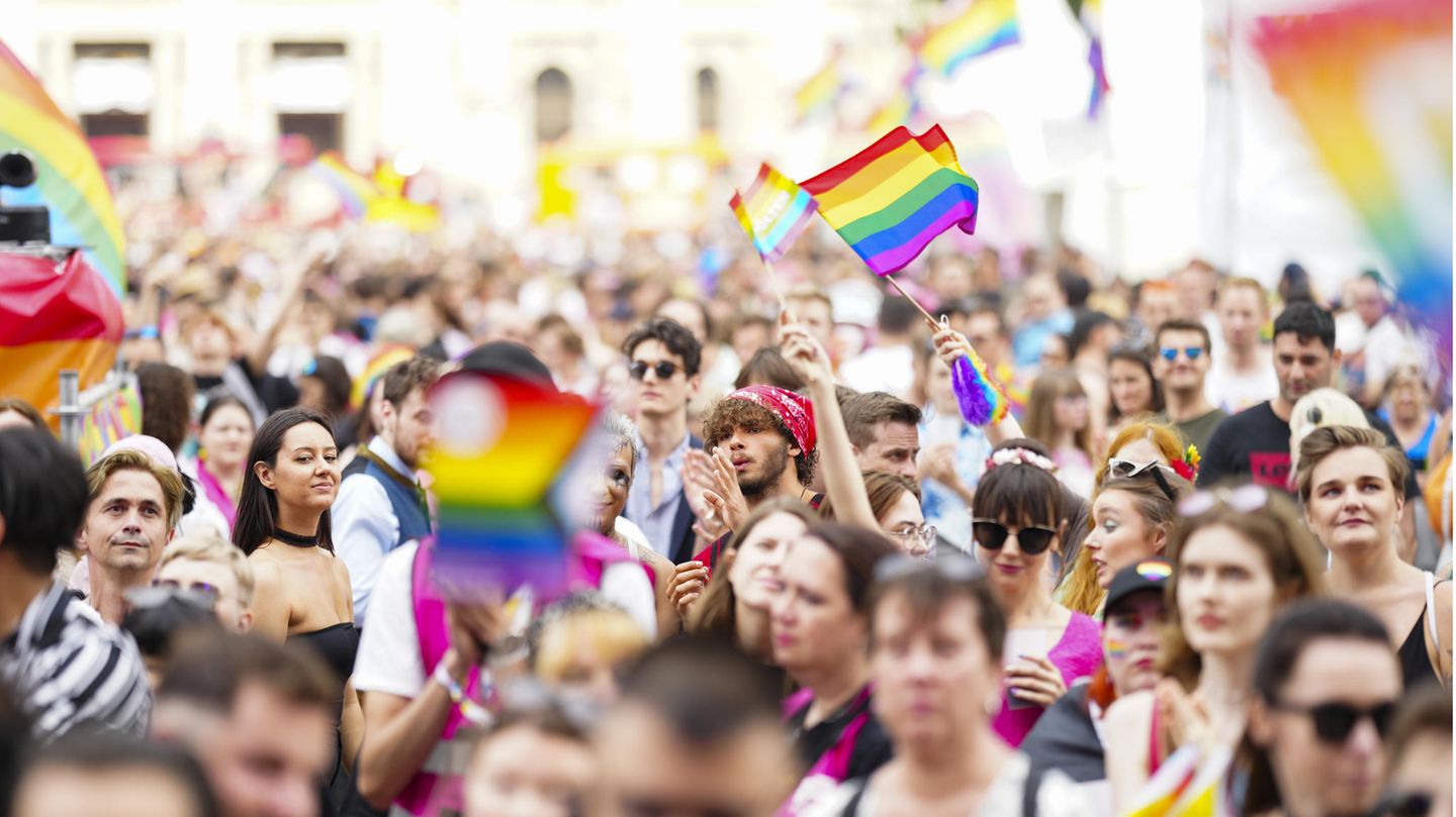 Besucher feiern beim Abschluss der 27. "Regenbogenparade" am Rathausplatz in Wien