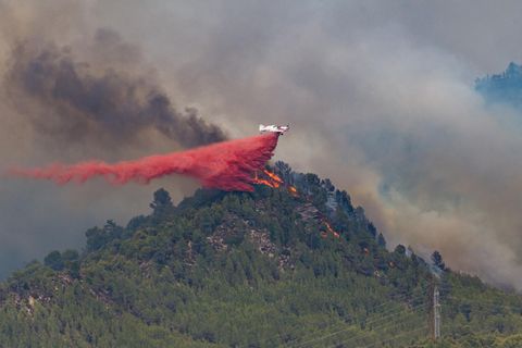 Sommer 2022 in Spanien: Ein Löschflugzeug bekämpft in Castellgali in der Provinz Barcelona Waldbrände mit einem Löschmittel