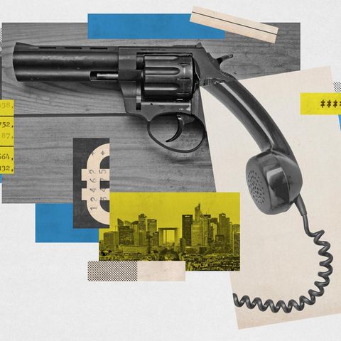 Illustration: Waffe, die aus einem Pistolenlauf und einem Telefonhörer besteht