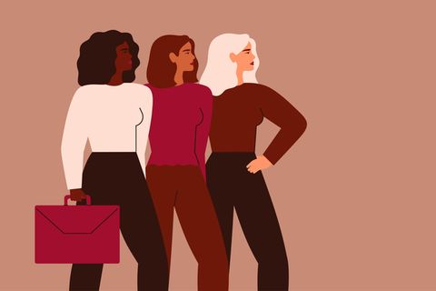 Grafik Frauen in Vorständen: Selbstbewusste Geschäftsfrauen stehen zusammen