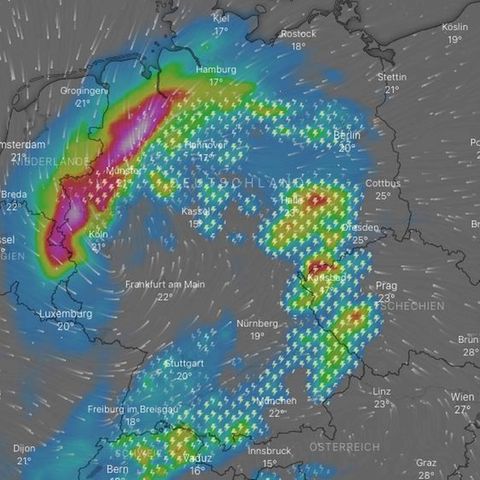 Gewitter und Unwetter: Die Karte zeigt die Prognose für den späten Donnerstagabend. Eine aktuelle Version finden Sie unten im Artikel