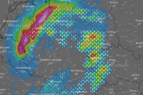 Gewitter und Unwetter: Die Karte zeigt die Prognose für den späten Donnerstagabend. Eine aktuelle Version finden Sie unten im Artikel