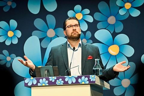 Parteichef Jimmie Åkesson von den Schwedendemokraten vor blau-gelben Blütenlogos