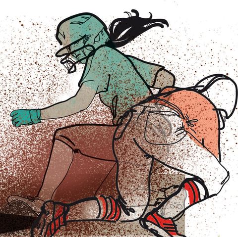 Eine Illustration von zwei Softballspielerinnen im Spiel