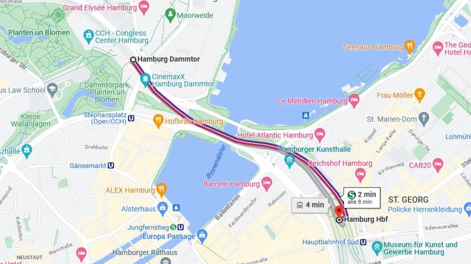 Hamburg Strecke Hauptbahnhof Dammtor Bahn Eine Karte der S-Bahn-Strecke in Hamburg vom Hauptbahnhof zum Dammtor