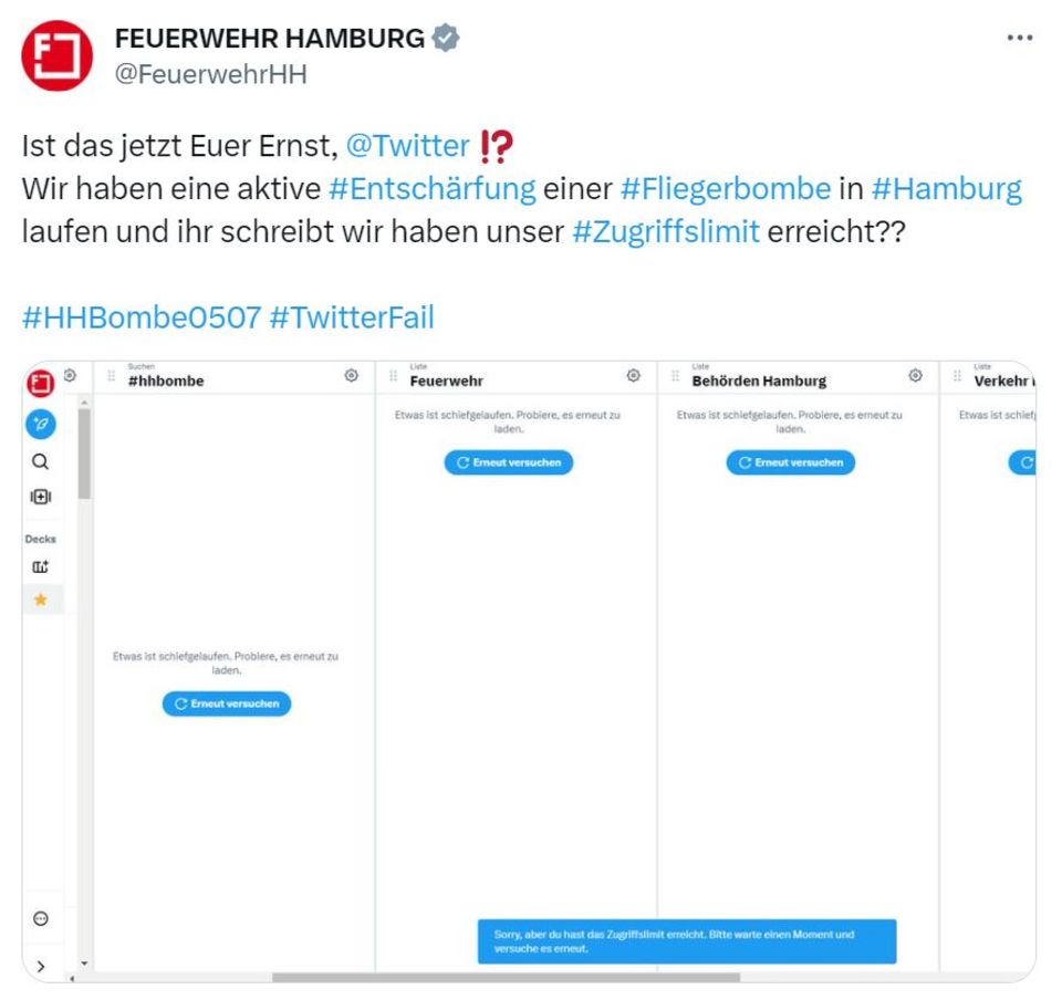 Tweet der Hamburger Feuerwehr Tweet der Hamburger Feuerwehr