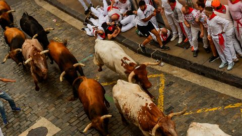 Männer treiben Kampfstiere von am ersten Tag des Stiertreibens während des "Sanfermines"-Festes durch die Gassen von Pamplona